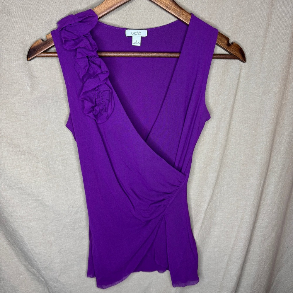 Cache Y2K Purple Wrap Front Ruffle Sleeveless Blouse Mesh Top Small